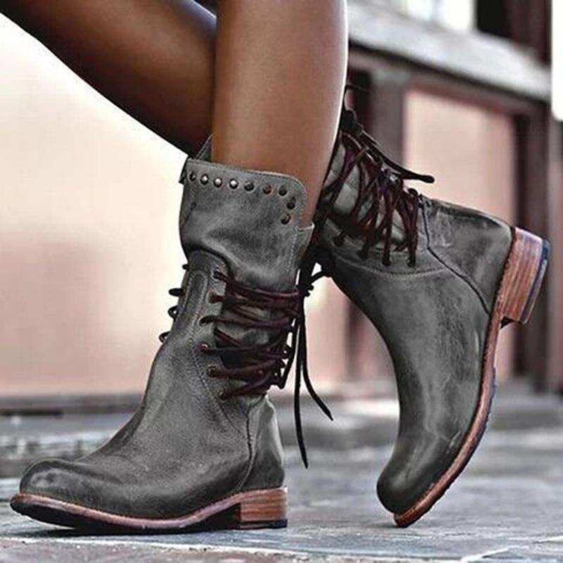 WW | Stiefeletten Leder Schnürung Nieten Details Niedriger Absatz Runde Spitze