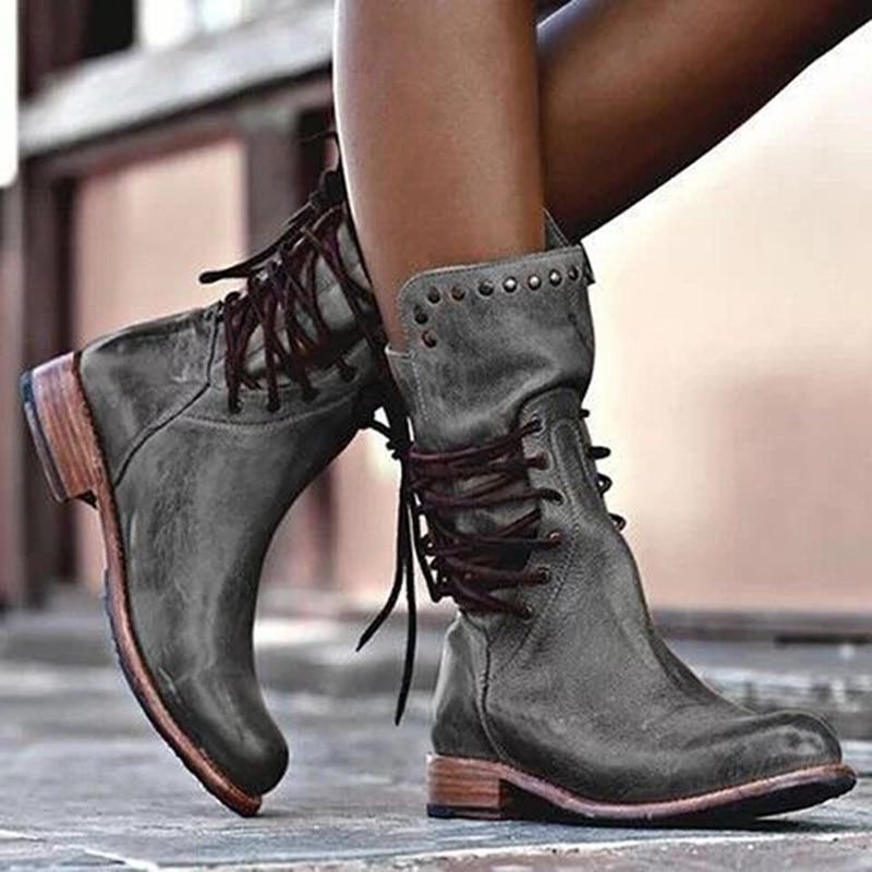 WW | Stiefeletten Leder Schnürung Nieten Details Niedriger Absatz Runde Spitze
