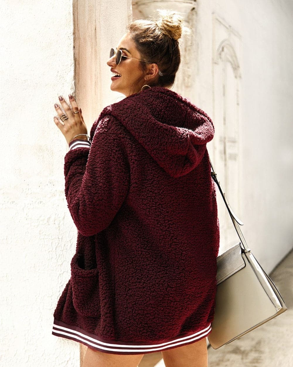 WW | Fleecejacke Übergroß Sherpa Kapuze Und Große Taschen Weich Und Warm