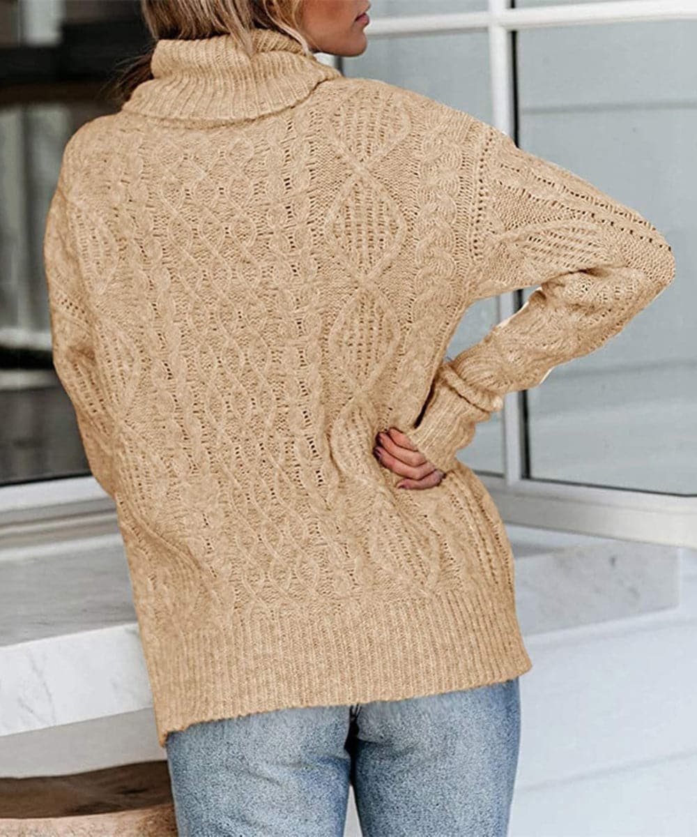 WW | Strickpullover Zopfstrick Hoher Kragen Langarm Lockere Passform