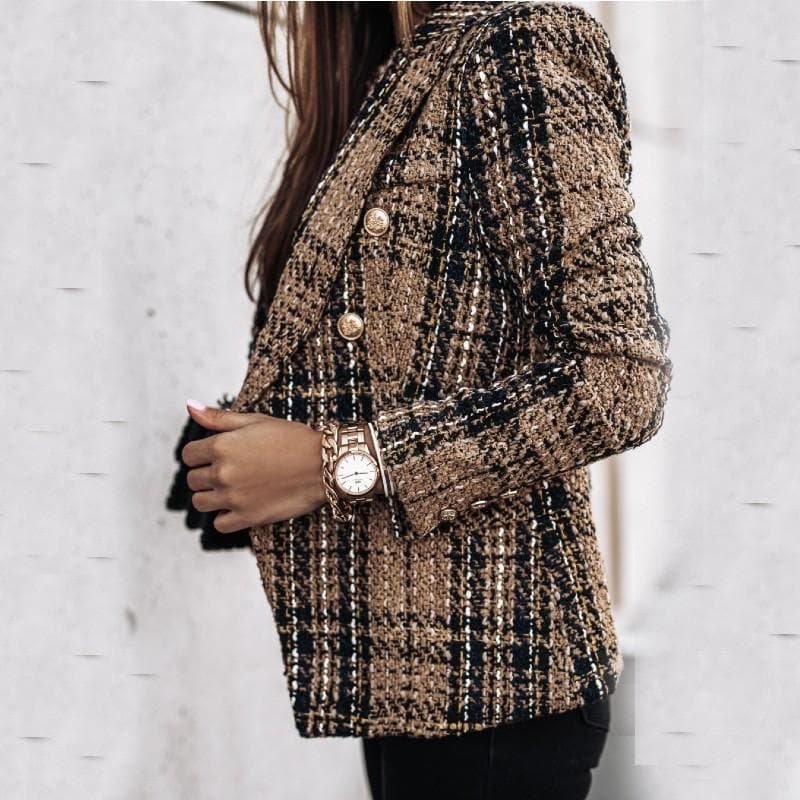 WW | Blazer Tweed Stoff Karomuster Taillierte Passform Goldene Knöpfe