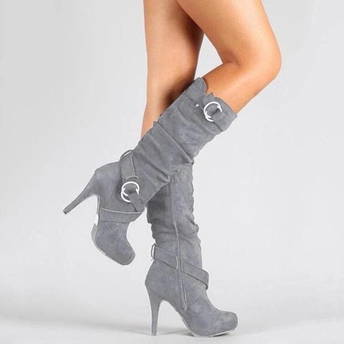 WW | Kniehohe Stiefel Wildleder Lässige Passform Hohe Stiletto Absätze Schnallen Details