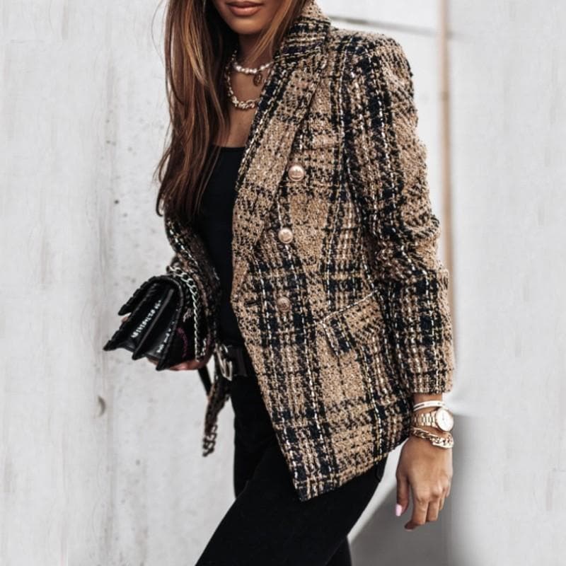 WW | Blazer Tweed Stoff Karomuster Taillierte Passform Goldene Knöpfe