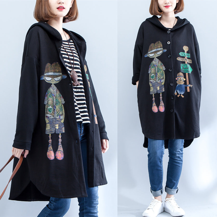 WW | Herbst schwarze Druck Baumwollmäntel Übergröße niedrig hoch Kapuzen Trenchcoats