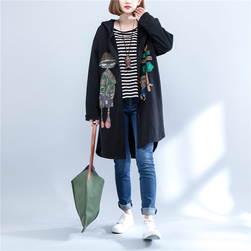 WW | Autumn Black Print Cotton Coats Plus Size Low High Hooded Trench Coats