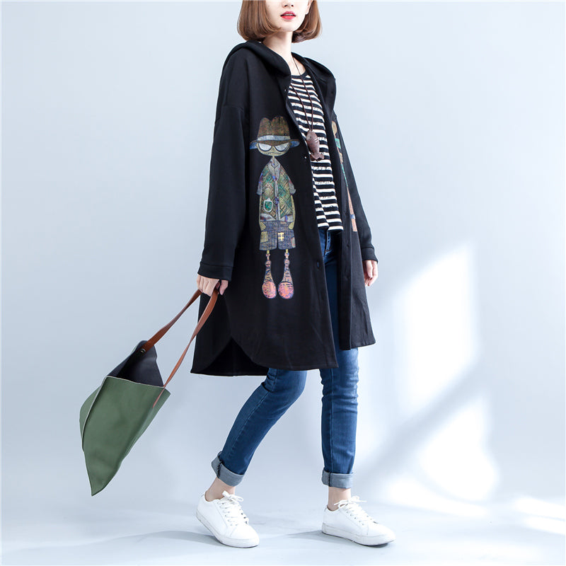 WW | Autumn Black Print Cotton Coats Plus Size Low High Hooded Trench Coats