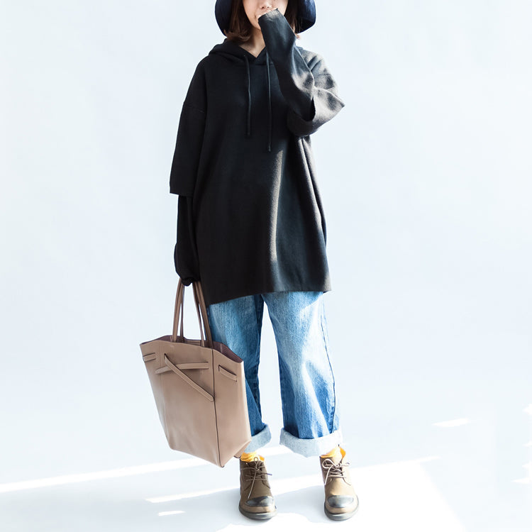 WW | schwarze Druck Woll-Mischmantel Plus Size Kapuzen-Schichtärmeln mittlere Außene Bekleidung