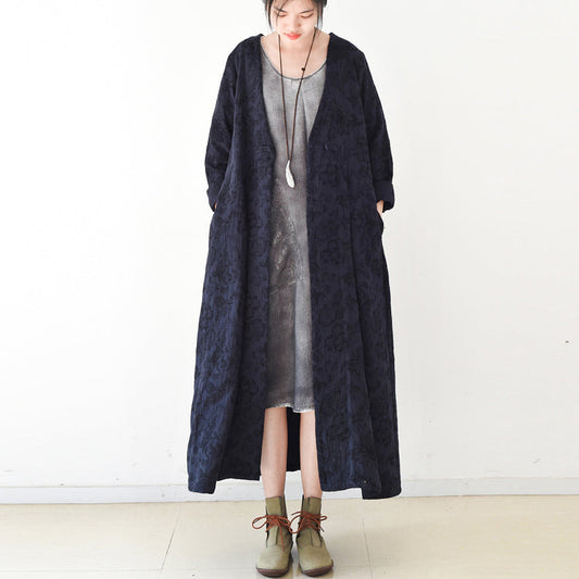 WW | Trend navy Jacquard-Leinenmäntel langer Maxi-Mantel V-Ausschnitt lässiger Cardigan