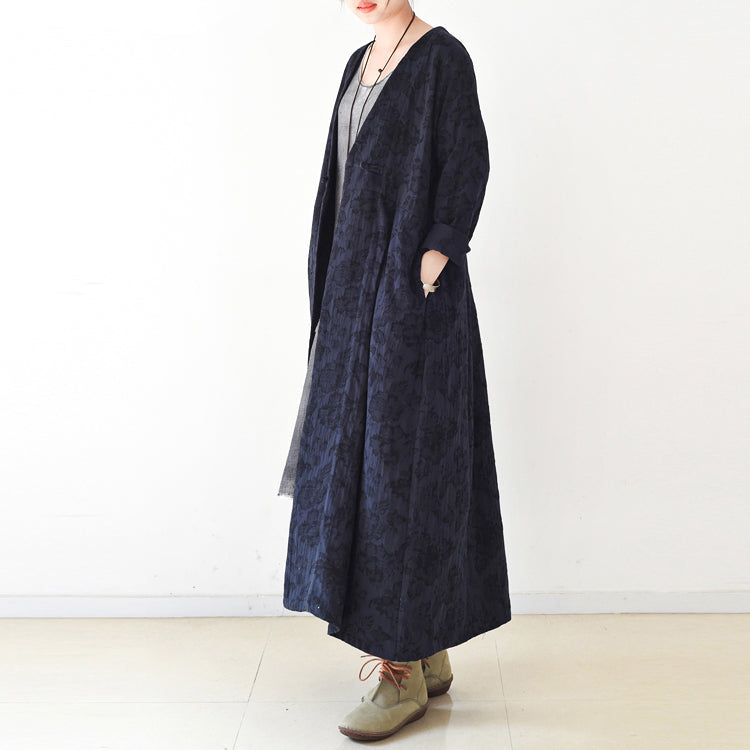 WW | Trend Navy Jacquard Linen Coats Long Maxi Coat V-Neck Casual Cardigan