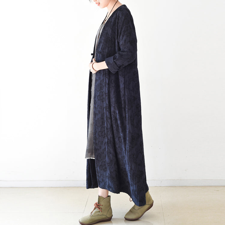 WW | Trend navy Jacquard-Leinenmäntel langer Maxi-Mantel V-Ausschnitt lässiger Cardigan