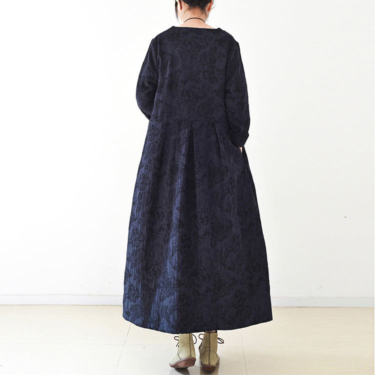 WW | Trend Navy Jacquard Linen Coats Long Maxi Coat V-Neck Casual Cardigan