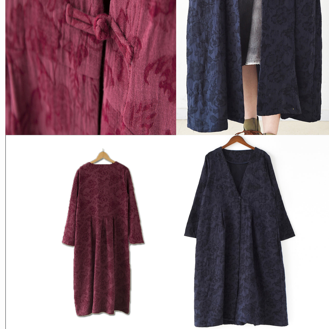 WW | Trend Navy Jacquard Linen Coats Long Maxi Coat V-Neck Casual Cardigan