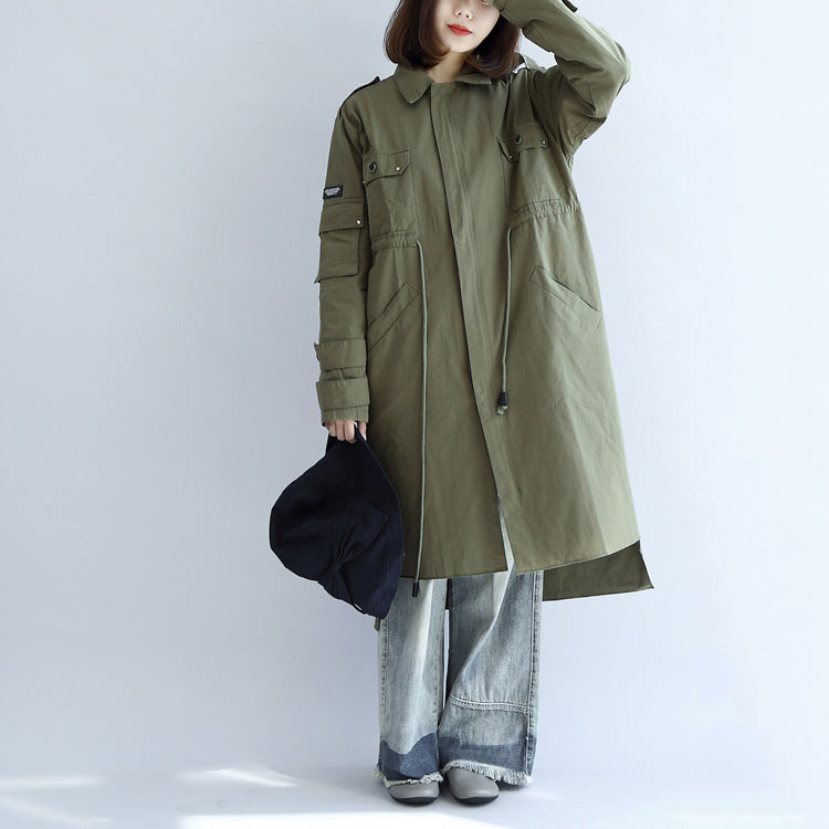 WW | Taschen grün lässiger Baumwollparka Übergröße mit Bindegürtel Langarm-Trenchcoats