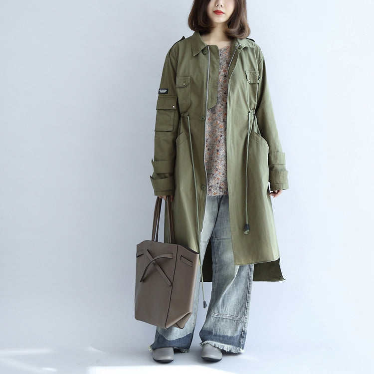 WW | Taschen grün lässiger Baumwollparka Übergröße mit Bindegürtel Langarm-Trenchcoats