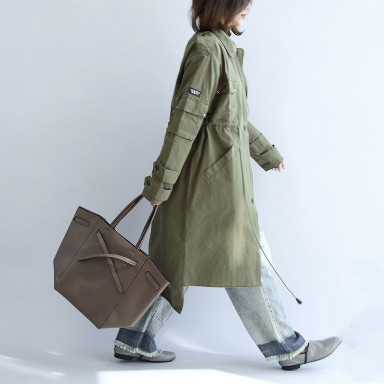 WW | Taschen grün lässiger Baumwollparka Übergröße mit Bindegürtel Langarm-Trenchcoats