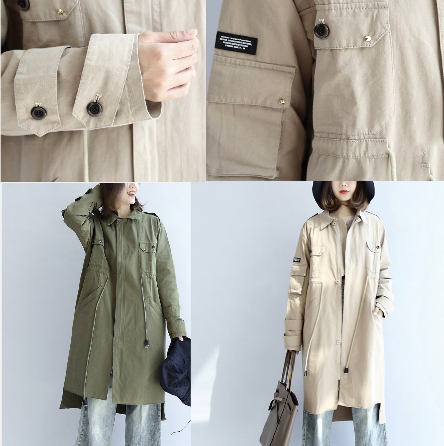 WW | Taschen grün lässiger Baumwollparka Übergröße mit Bindegürtel Langarm-Trenchcoats