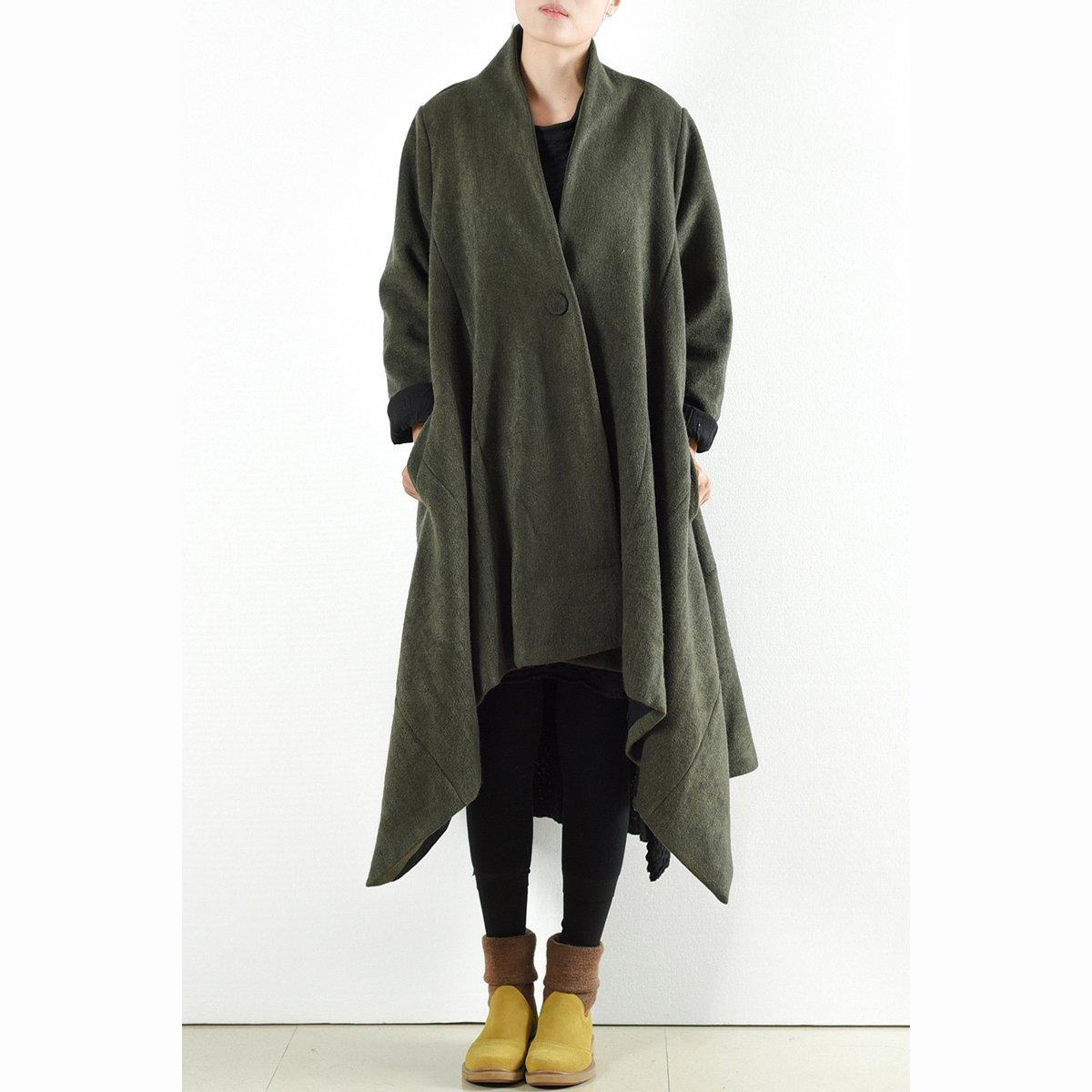 WW | Winterwollmäntel grün gekreuzte asymmetrische Cardigans lang ein Knopf Outwear Kleid
