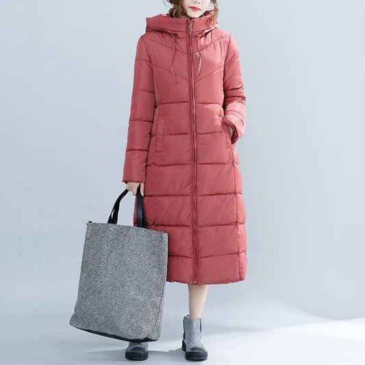WW | Lässige rote Wintermode Plus-Size Kapuzen Baumwolljacke Damen Taschen Reißverschluss Trench Baumwollmäntel