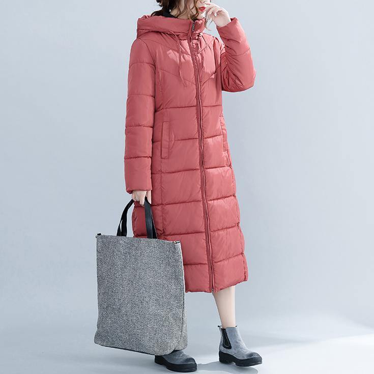 WW | Casual Red Winter Fashion Plus Size Hooded Cotton Jacket Women Pockets Zipper Trench Cotton Coats