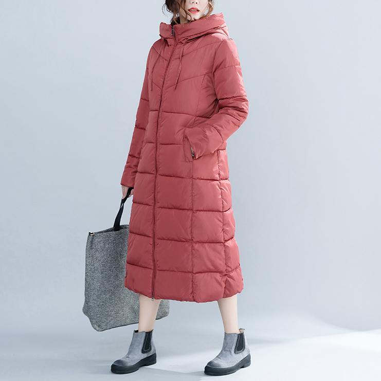WW | Lässige rote Wintermode Plus-Size Kapuzen Baumwolljacke Damen Taschen Reißverschluss Trench Baumwollmäntel