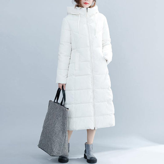 WW | weißer trendiger Plus-Size Kapuzen-Cotton-Mantel Elegante Taschen mit Reißverschluss Winter-Cotton-Mäntel