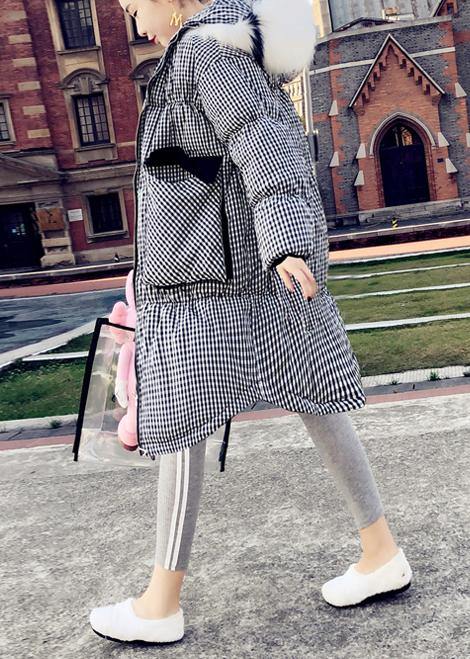 WW | Black Checkered Down Jacket Women Plus Size Clothing Parka with Hood Rabbit Wool Elegant Coats