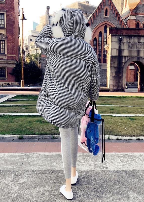 WW | Black Checkered Down Jacket Women Plus Size Clothing Parka with Hood Rabbit Wool Elegant Coats