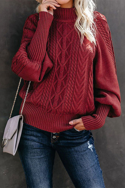 WW Mid-High Neck Cable Knit Pullover Sweater