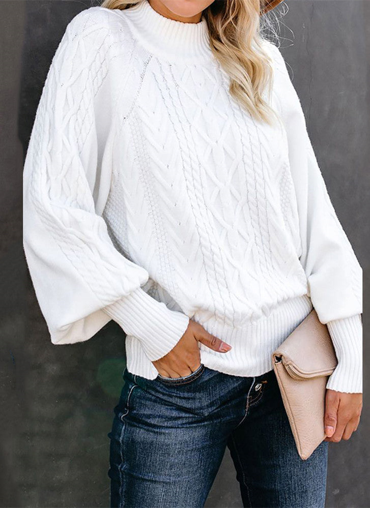 WW Mid-High Neck Cable Knit Pullover Sweater