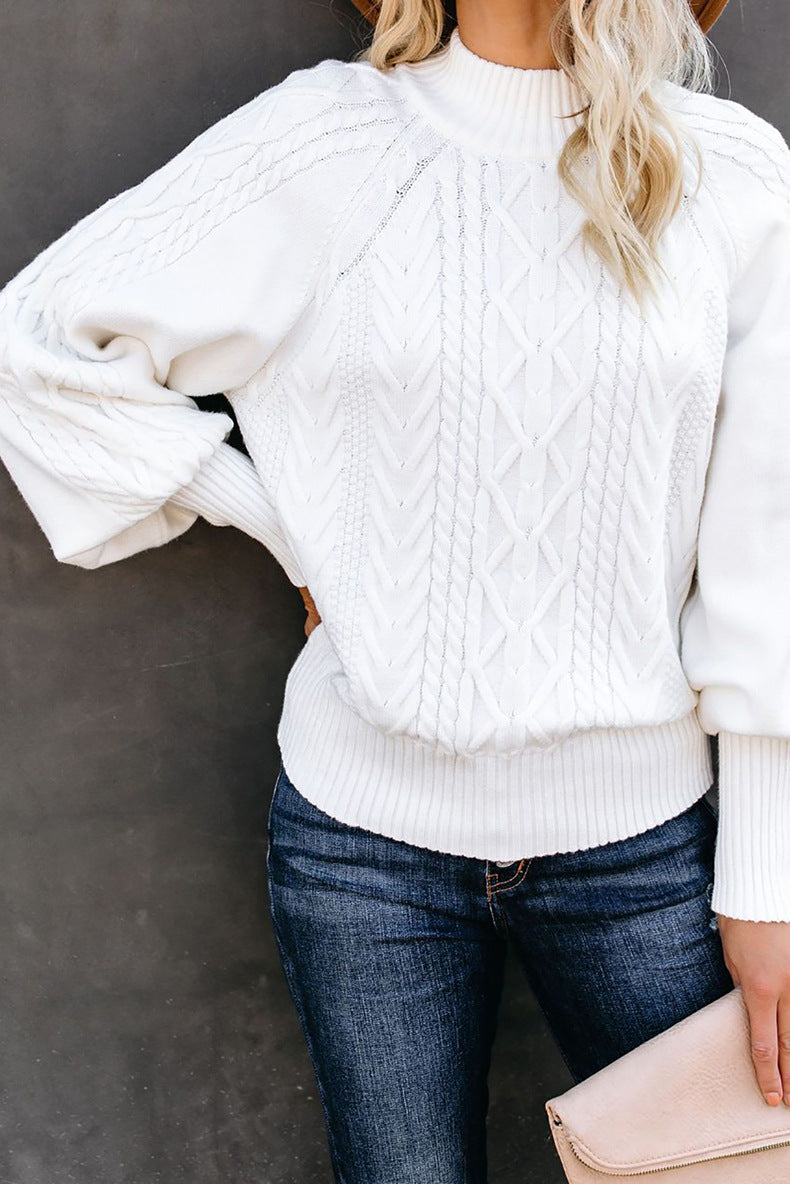 WW Mid-High Neck Cable Knit Pullover Sweater