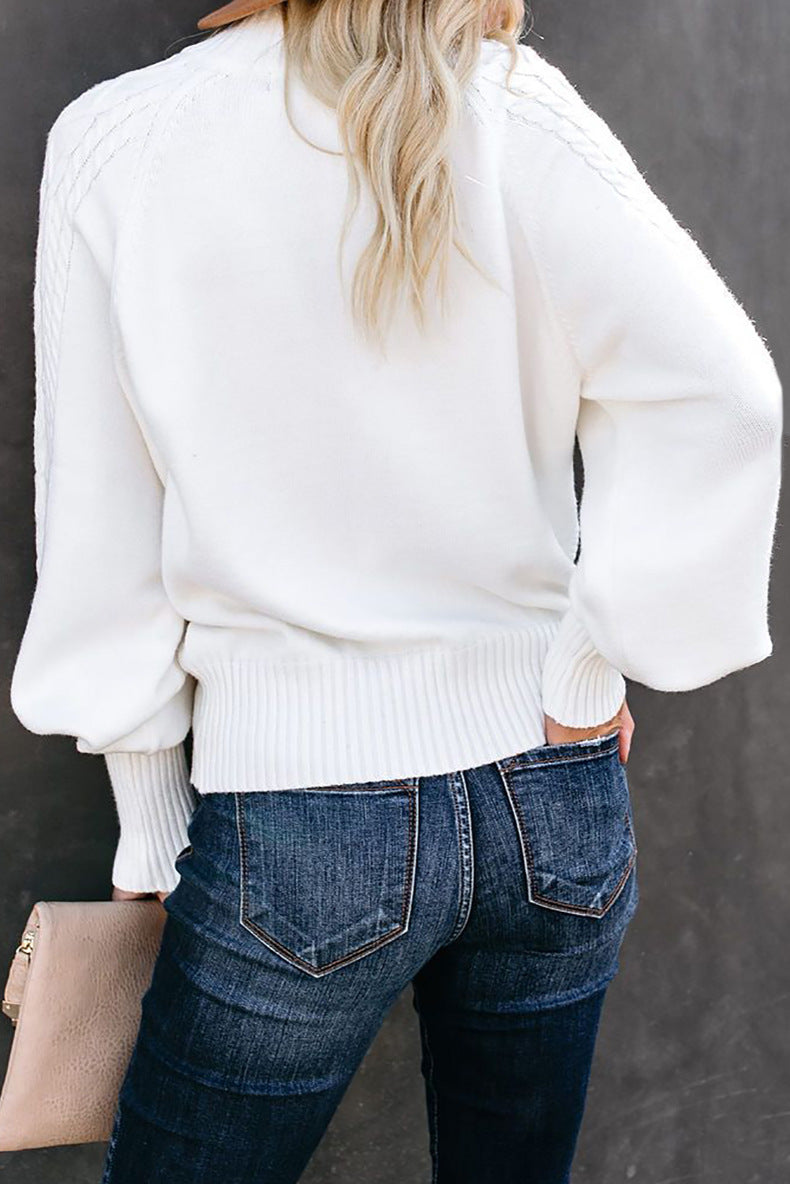 WW Mid-High Neck Cable Knit Pullover Sweater