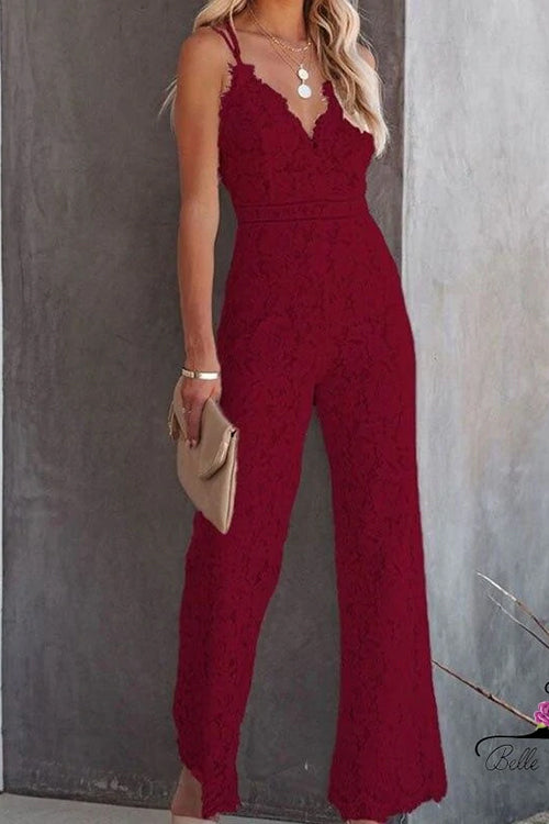 WW | Rosiedress Solid V-Neck Fitted Cami Lace Jumpsuit