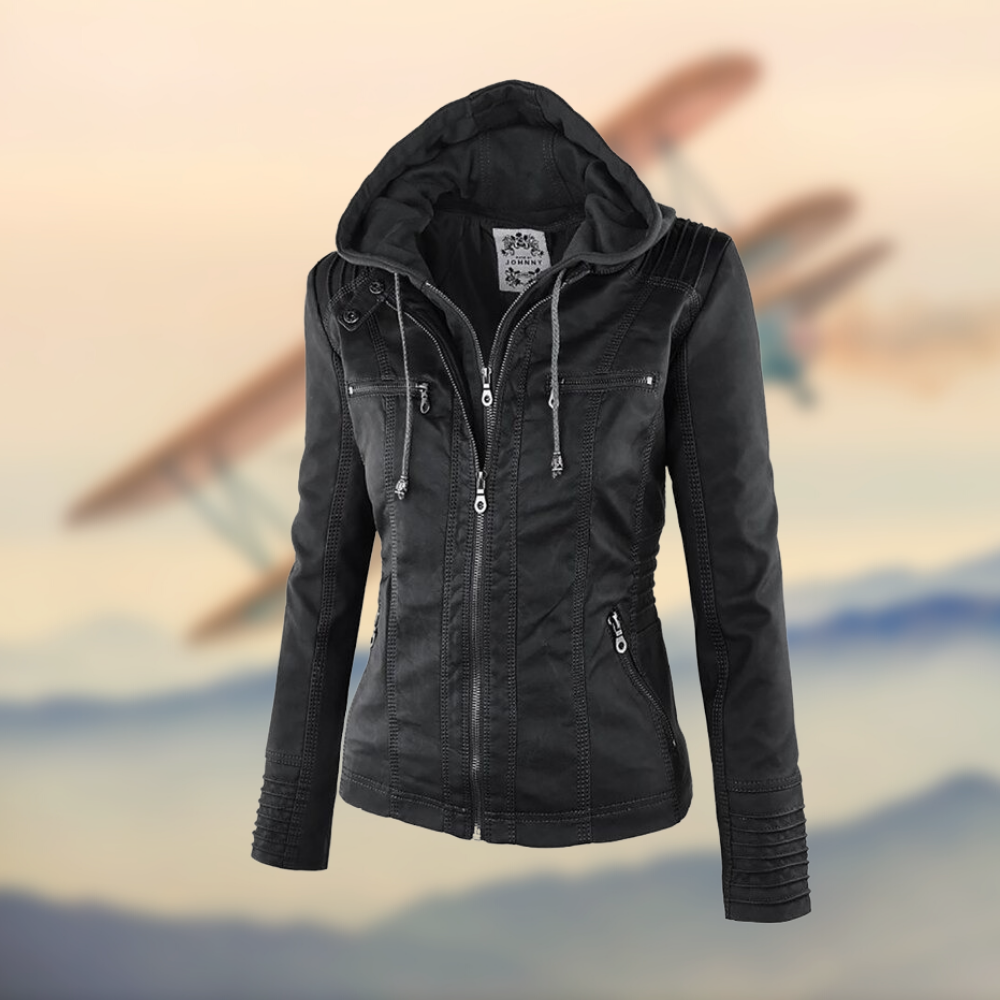 WW | Fitted Leather Jacket with Hood and Zipper Details