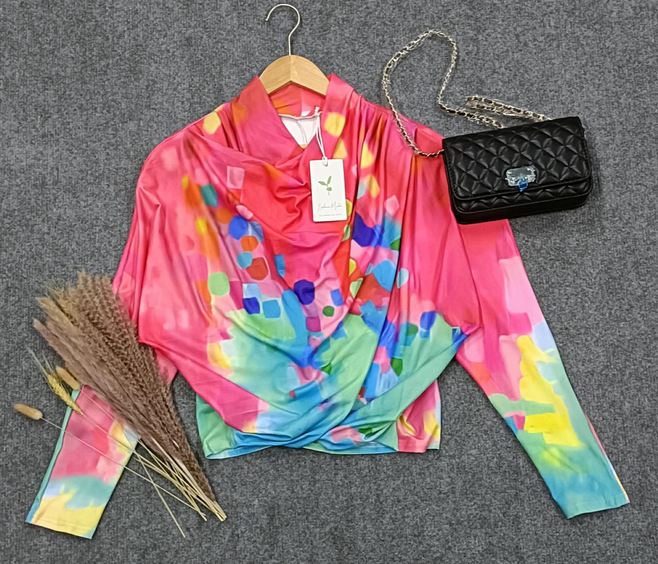 WW | Buntes Langärmeliges Boho Top mit Schal