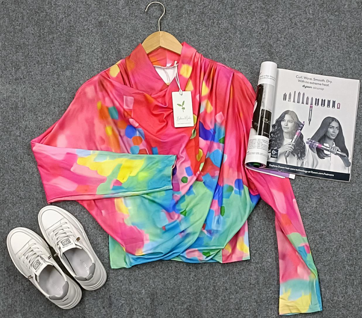 WW | Buntes Langärmeliges Boho Top mit Schal