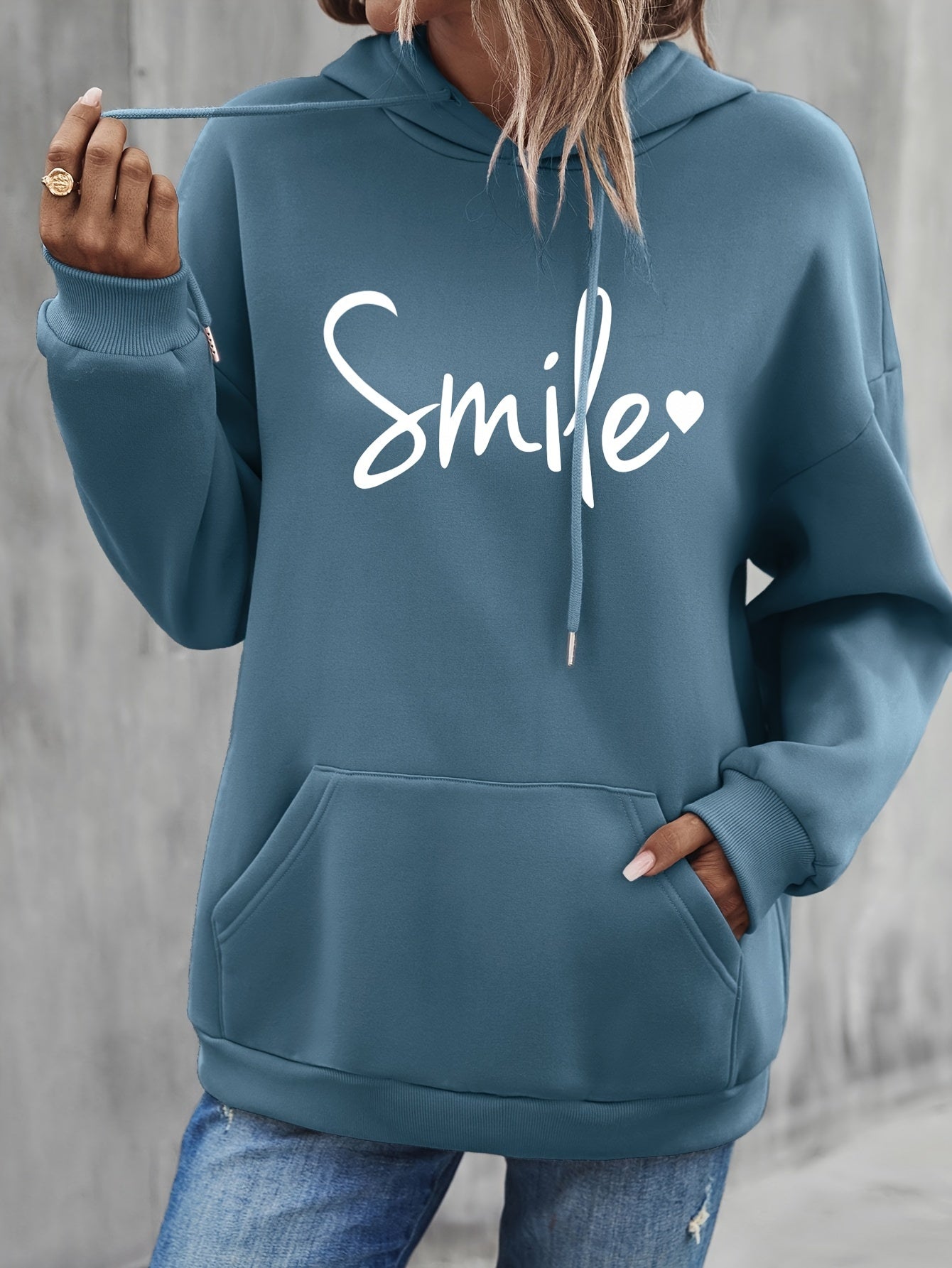 WW | gemütlicher Smile Print Hoodie mit Kordelzug für Frauen