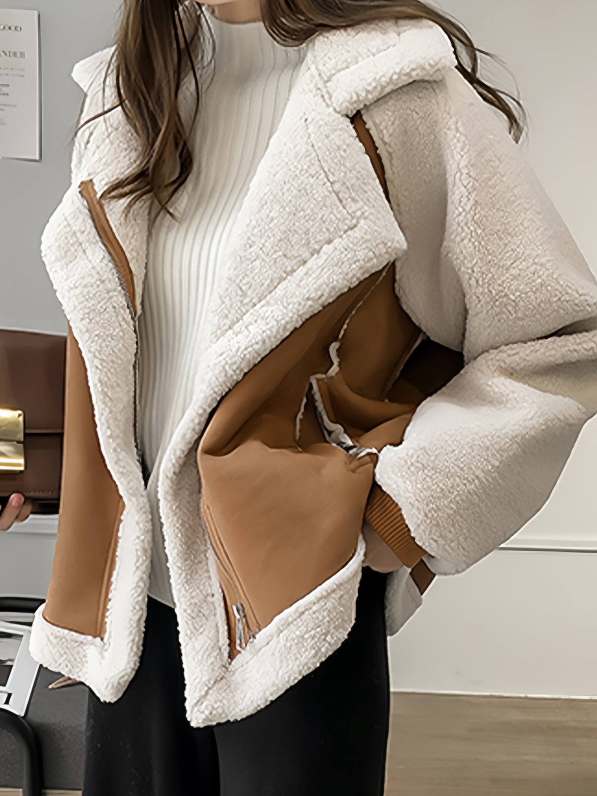 WW | Oversized Vegan Faux Fur Suede Jacket with Lapel Collar