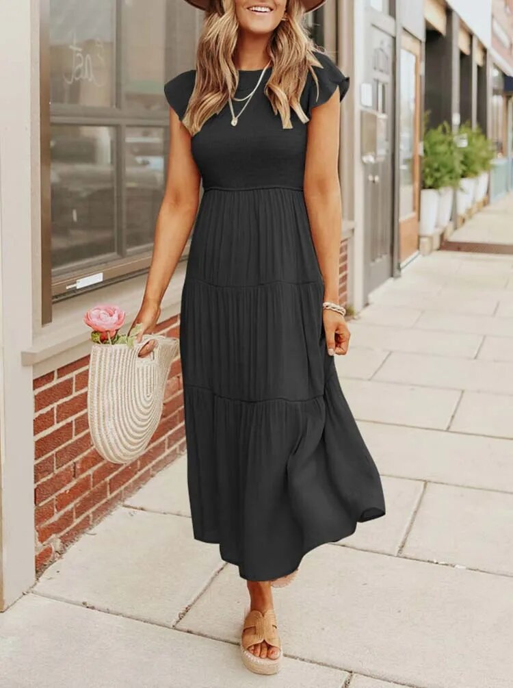 WW | Elegantes Plissiertes Lagenkleid mit Kurzen Ärmeln