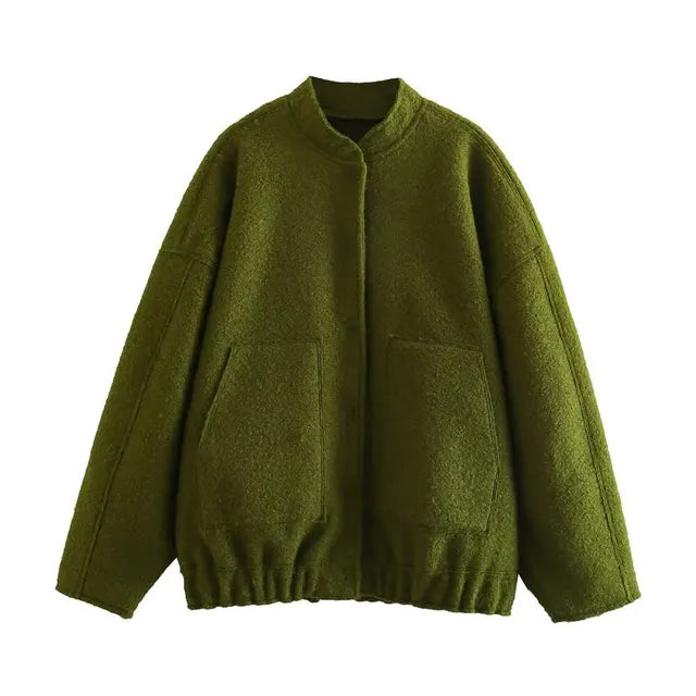 WW - Women's Oversized Bomber Jacket with Pockets and Snap Button Design