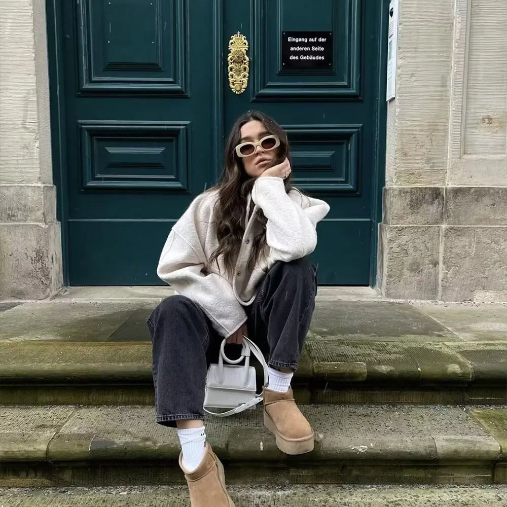 WW - Women's Oversized Bomber Jacket with Pockets and Snap Button Design
