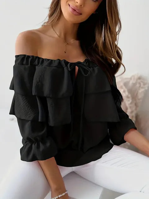 WW - Women's Blouse made of loose chiffon with shoulder cutouts and ruffled edge, elastic shoulder strap