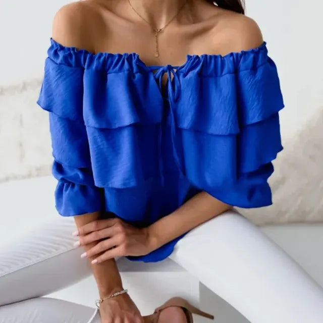 WW - Women's Blouse made of loose chiffon with shoulder cutouts and ruffled edge, elastic shoulder strap