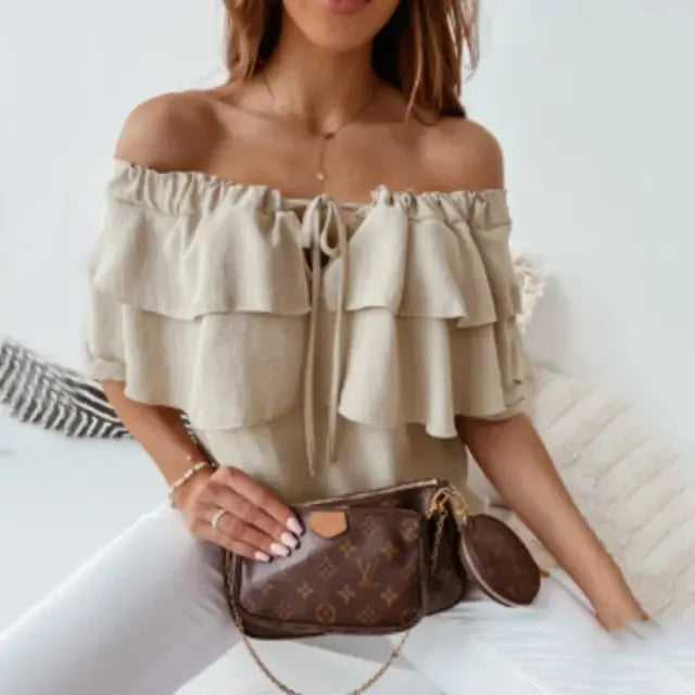 WW - Women's Blouse made of loose chiffon with shoulder cutouts and ruffled edge, elastic shoulder strap