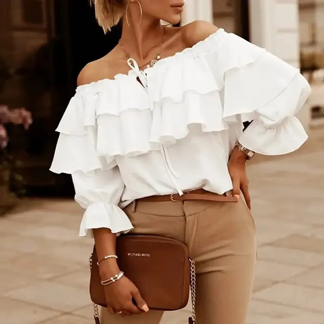 WW - Women's Blouse made of loose chiffon with shoulder cutouts and ruffled edge, elastic shoulder strap