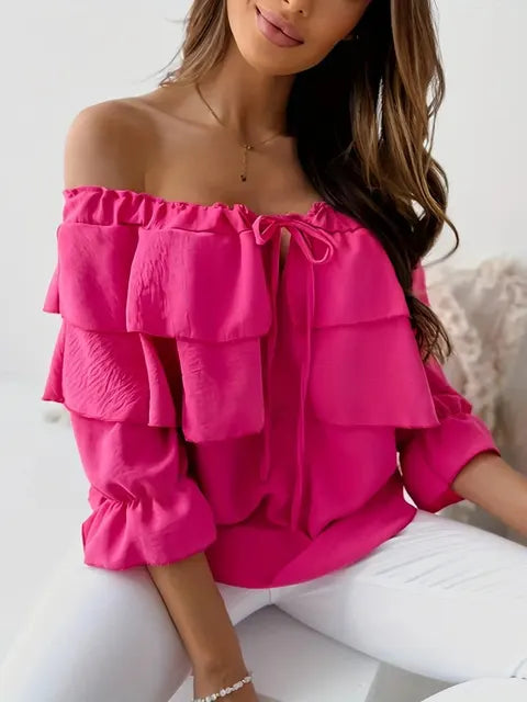 WW - Women's Blouse made of loose chiffon with shoulder cutouts and ruffled edge, elastic shoulder strap
