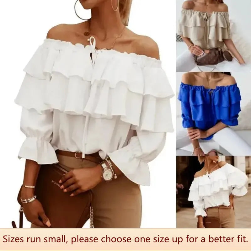 WW - Women's Blouse made of loose chiffon with shoulder cutouts and ruffled edge, elastic shoulder strap