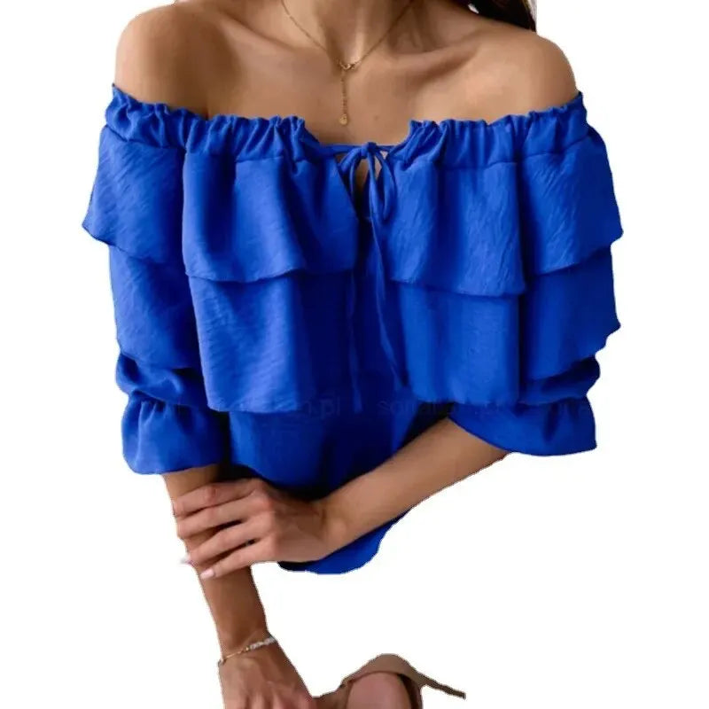 WW - Women's Blouse made of loose chiffon with shoulder cutouts and ruffled edge, elastic shoulder strap