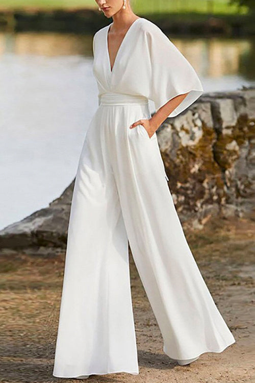 WW | Rosiedress Tiefes V-Ausschnitt Hohe Taille Weitbeiniger Overall