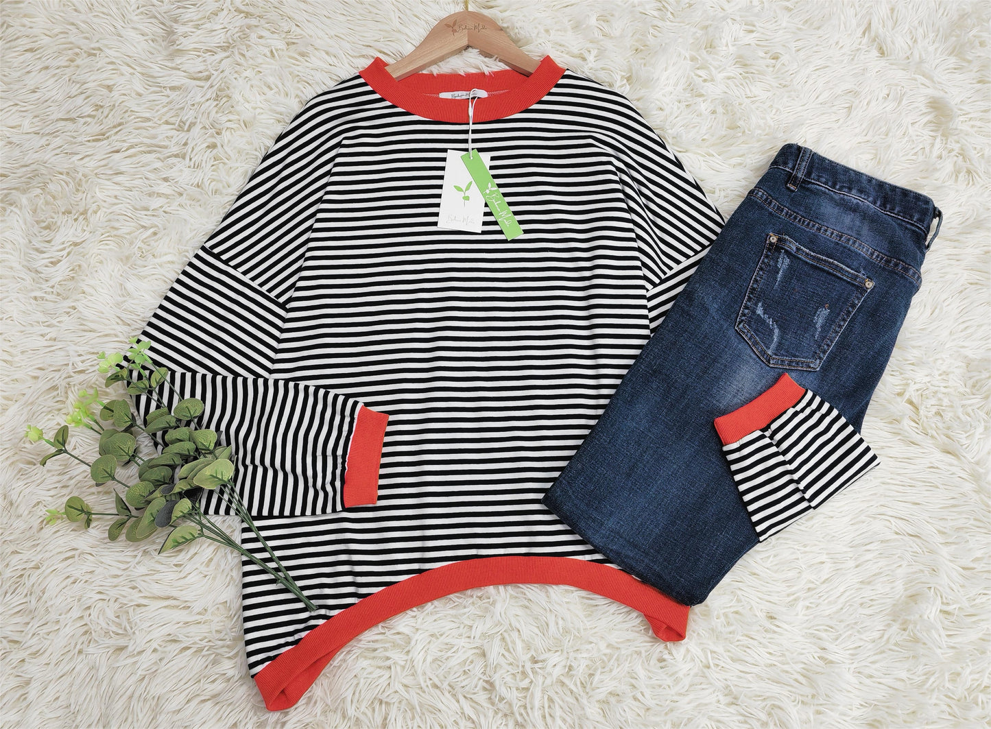 WW | Orange, Marineblau und Weiß Gestreifter Langarmpullover
