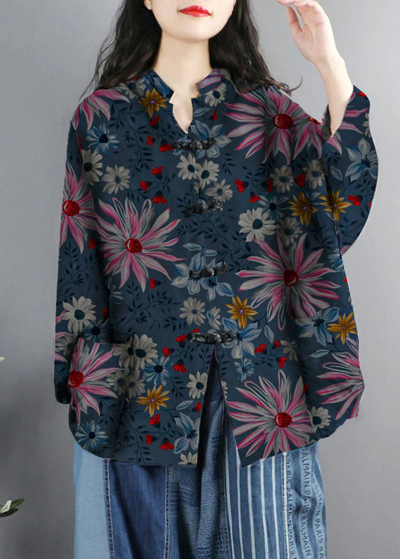 WW | Style Black Ghost Print Pockets Button Patchwork Cotton Coats Long Sleeve